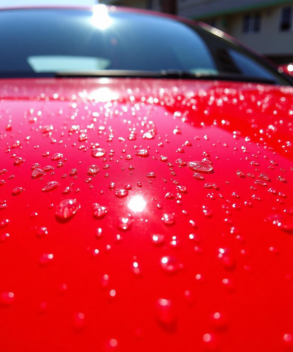 Water beading on a red ceramic coated hood